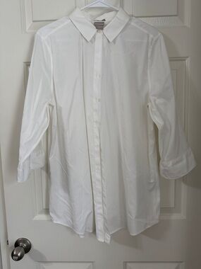 Chico's White Woven 3/4 Sleeve Button Up Collared Blouse